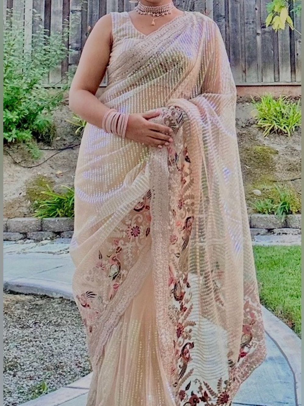 Elegant Beige Floral Embroidered Women’s Saree